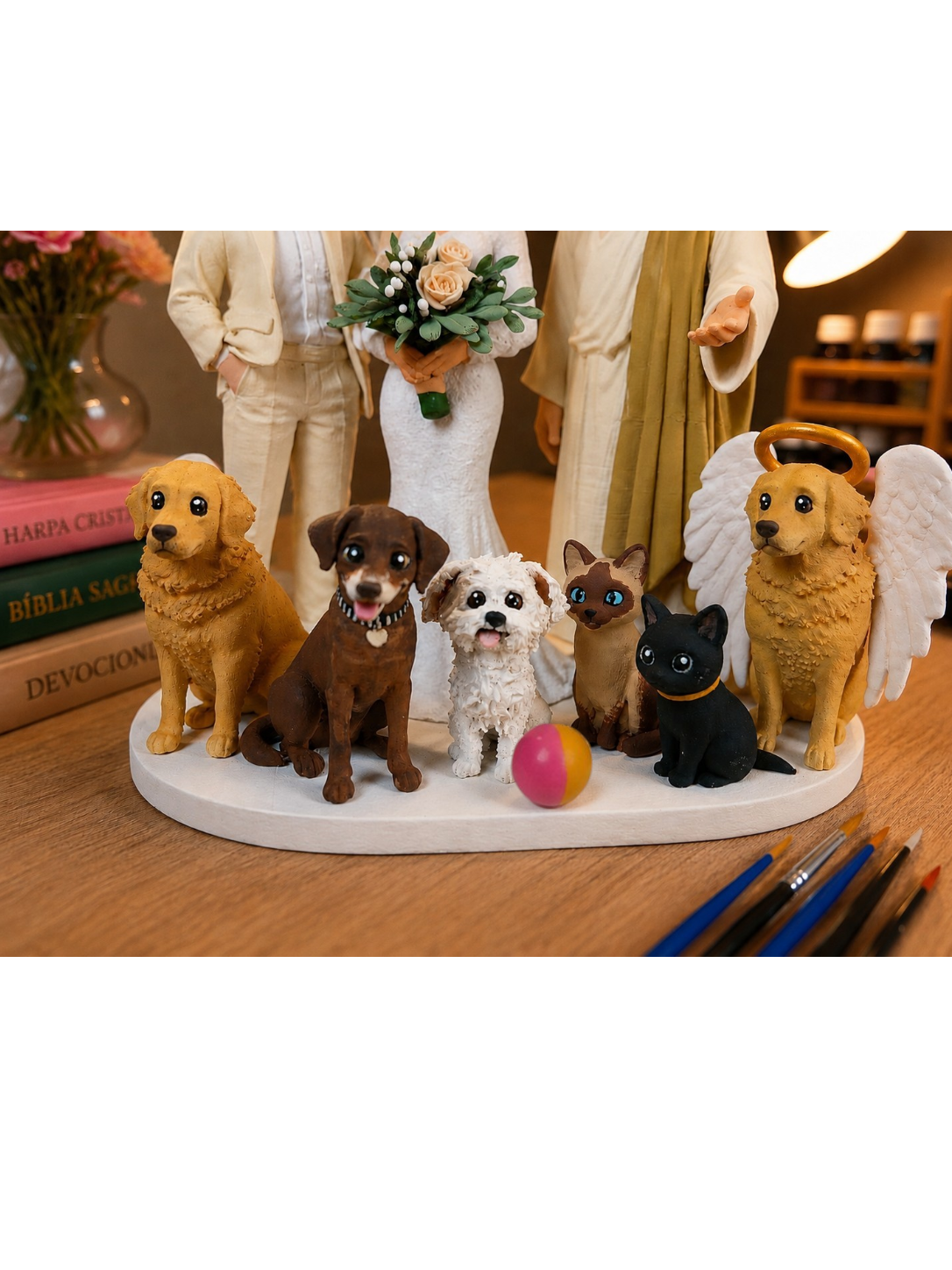 Topo de Bolo Casamento Noivinhos com Jesus e Pets Personalizados