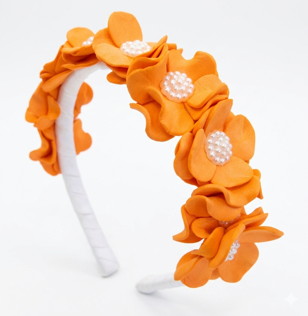 Tiara de Cabelo Infantil Laranja com Pérolas