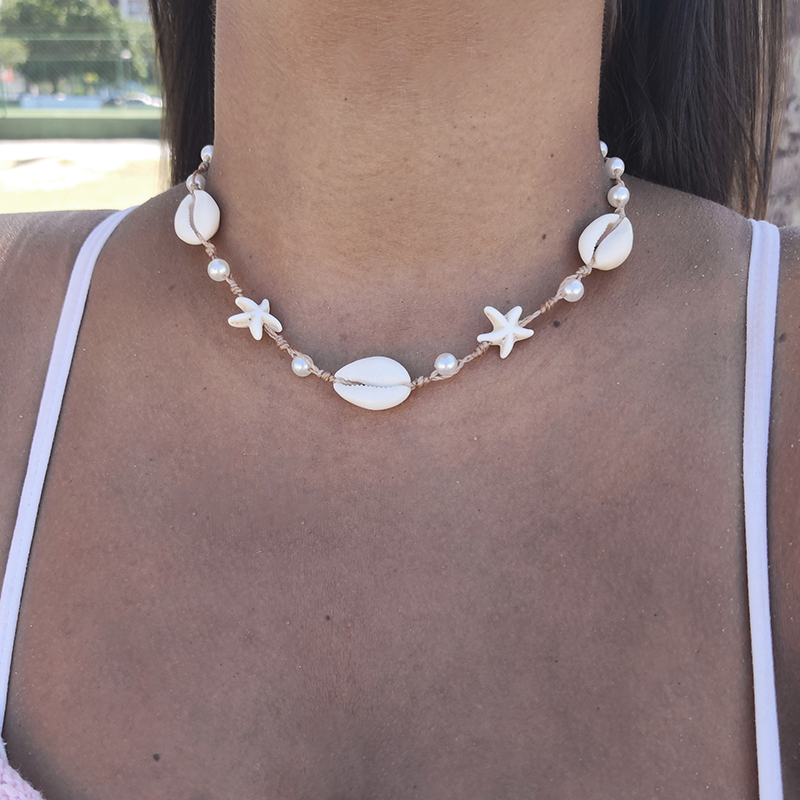 Colar de Estrelas Pérolas Regulável Feminino Moda Praia Verão