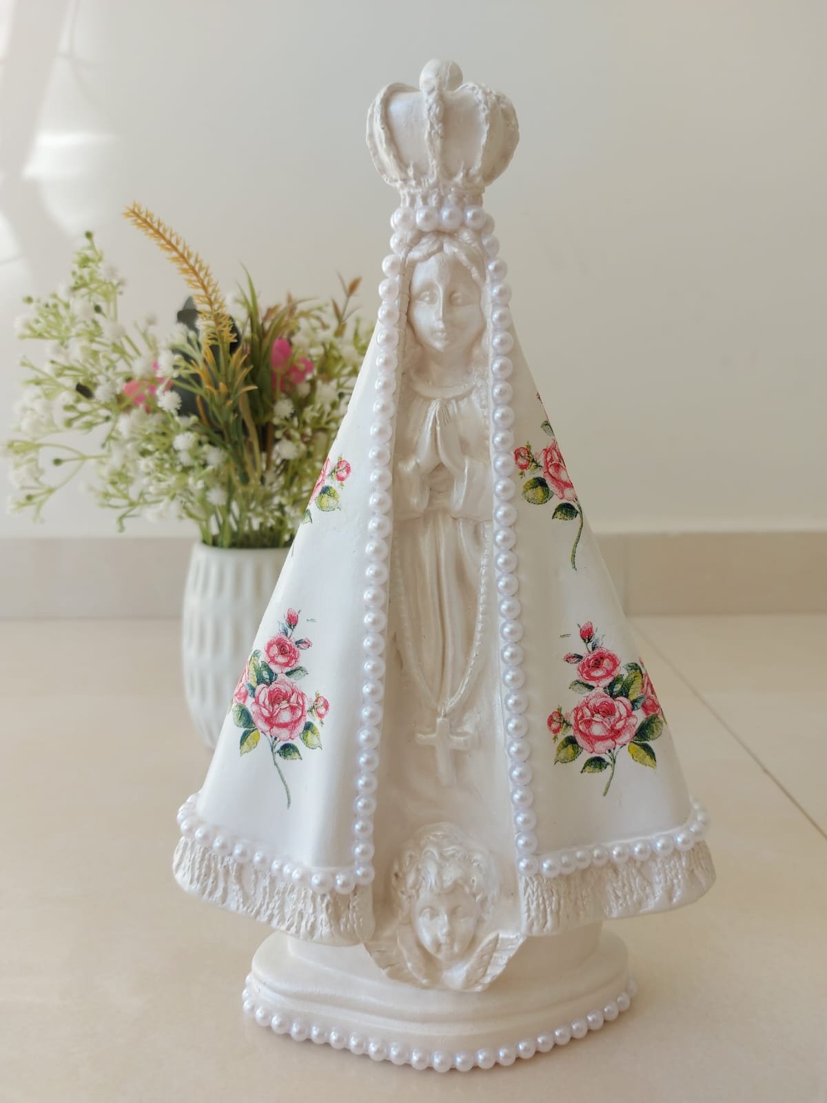 Nossa Senhora Aparecida 25cm decoupage flor rosa