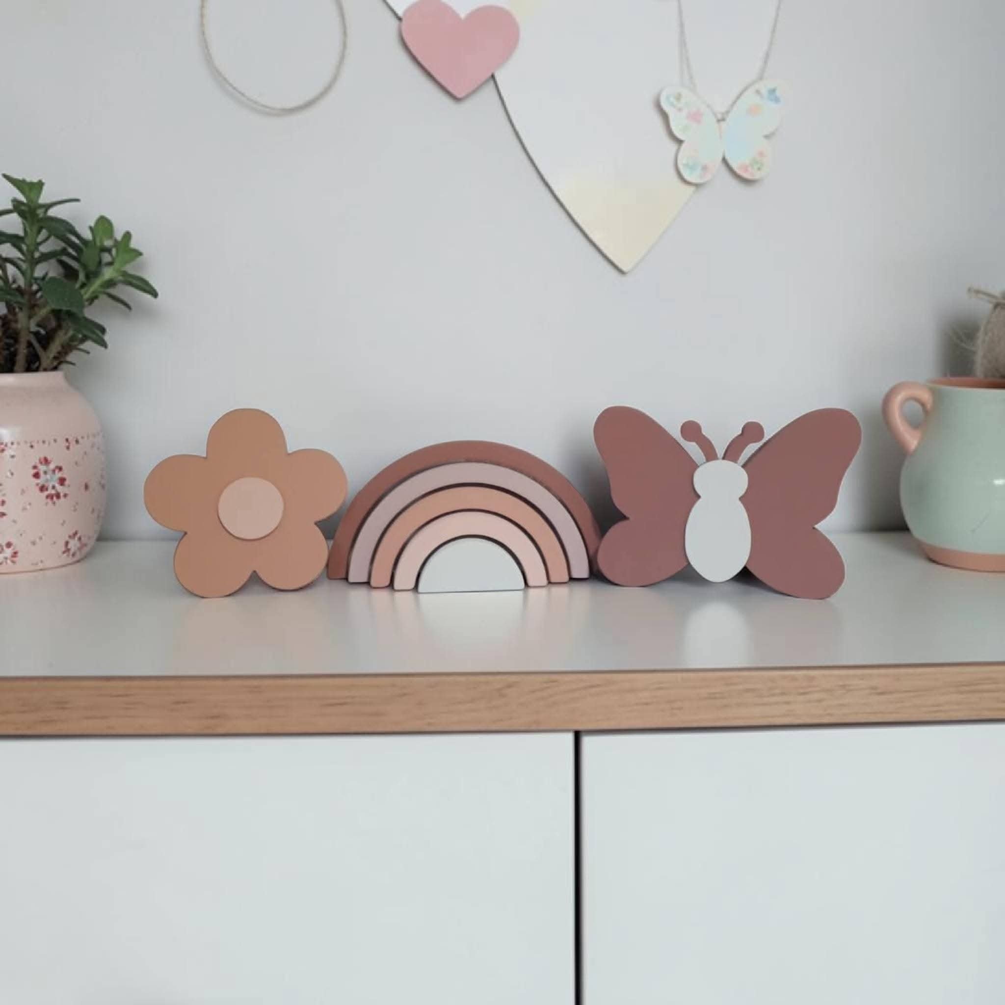 Kit decoração em mdf Arco íris, flor e borboleta tons terrosos, e