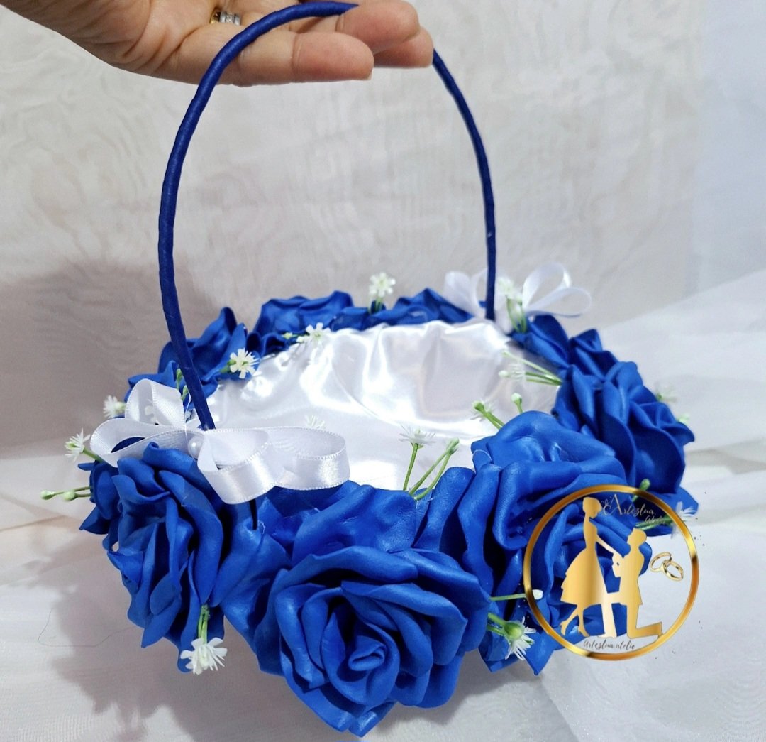 Cesta de Florista Azul Royal e Branco - Artesanal