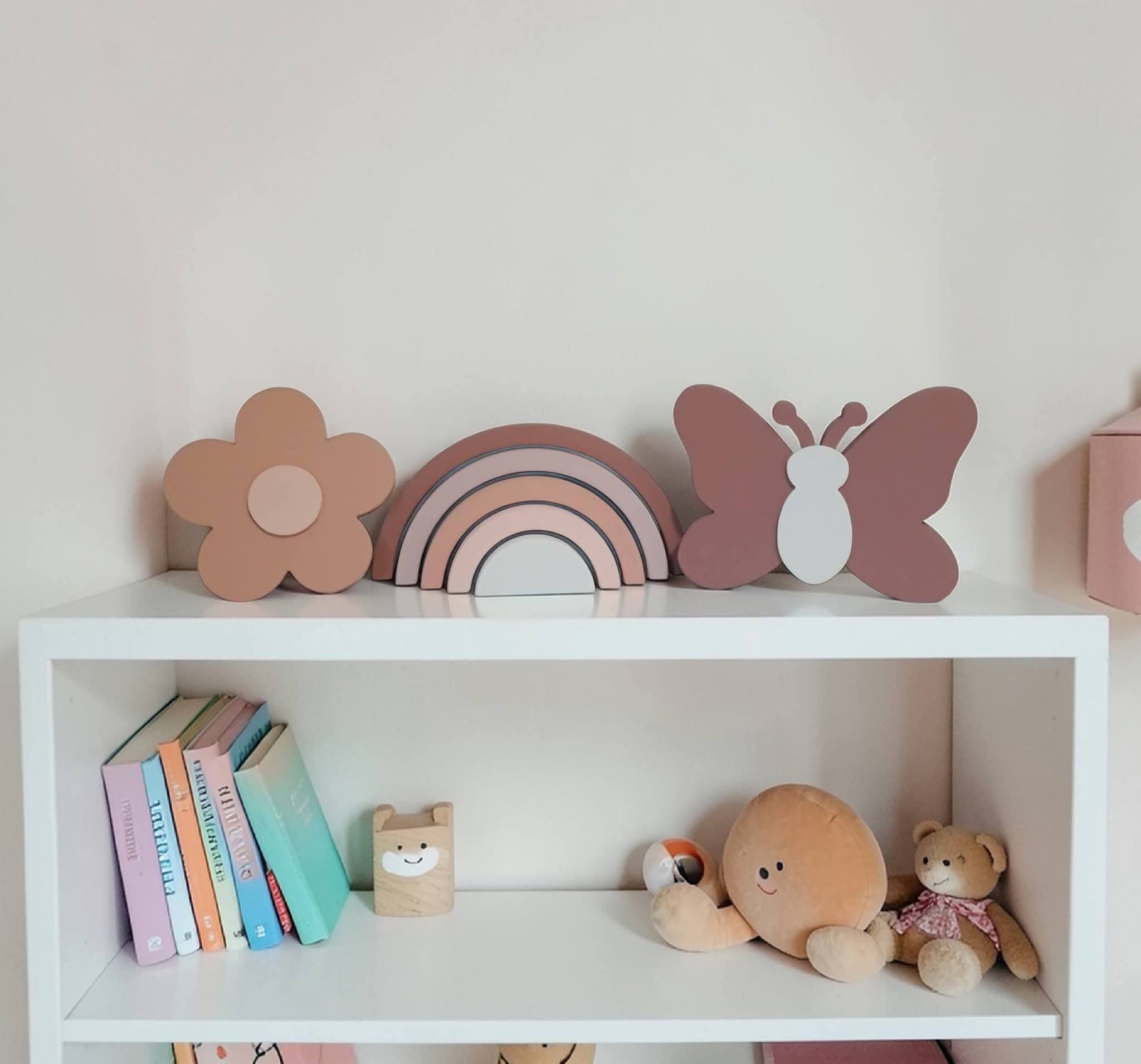 Kit decoração em mdf Arco íris, flor e borboleta tons terrosos, e