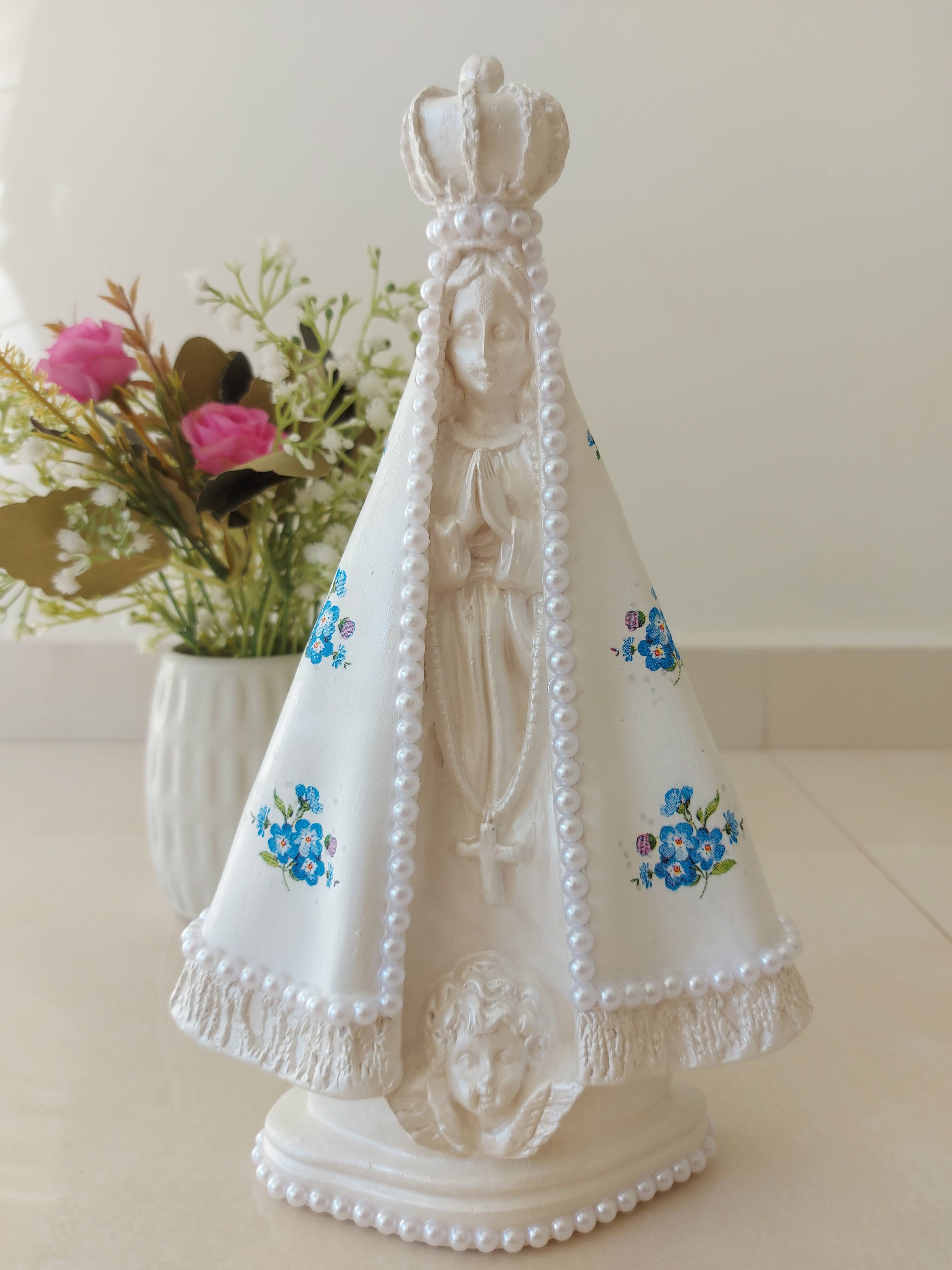 Nossa Senhora Aparecida 25cm decoupage flor azul