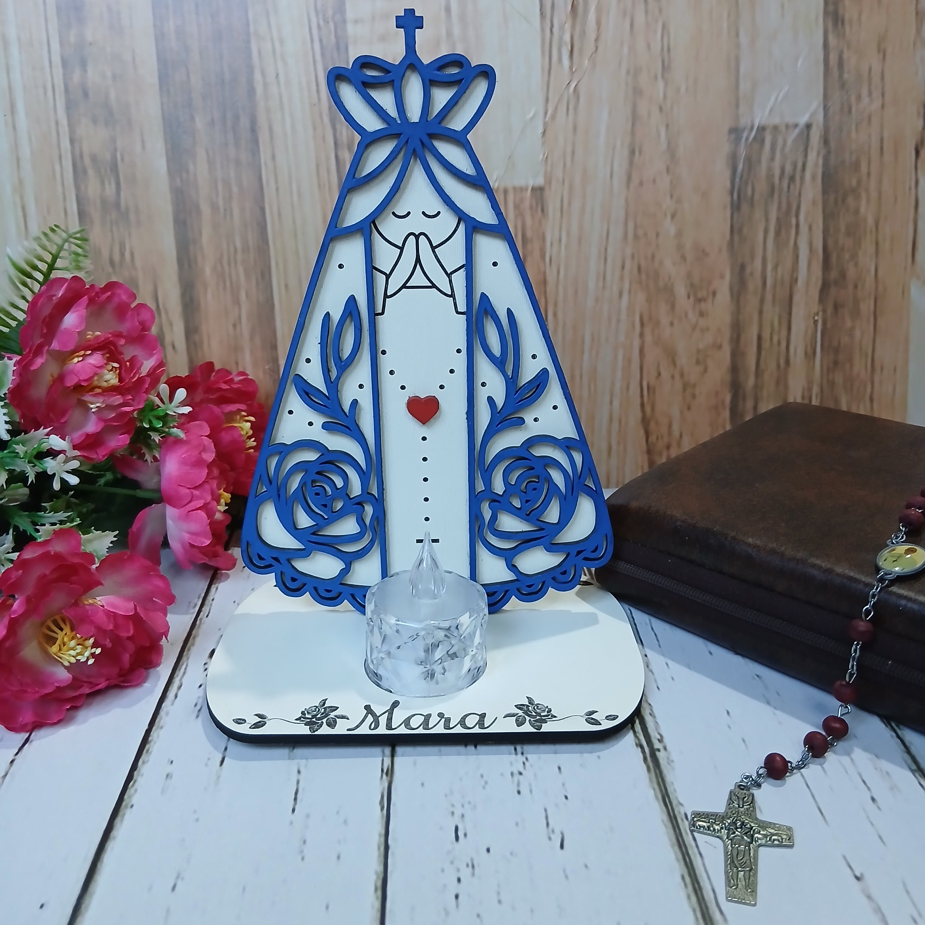 Estatueta Nossa Senhora Aparecida em MDF com Porta-Vela Personali