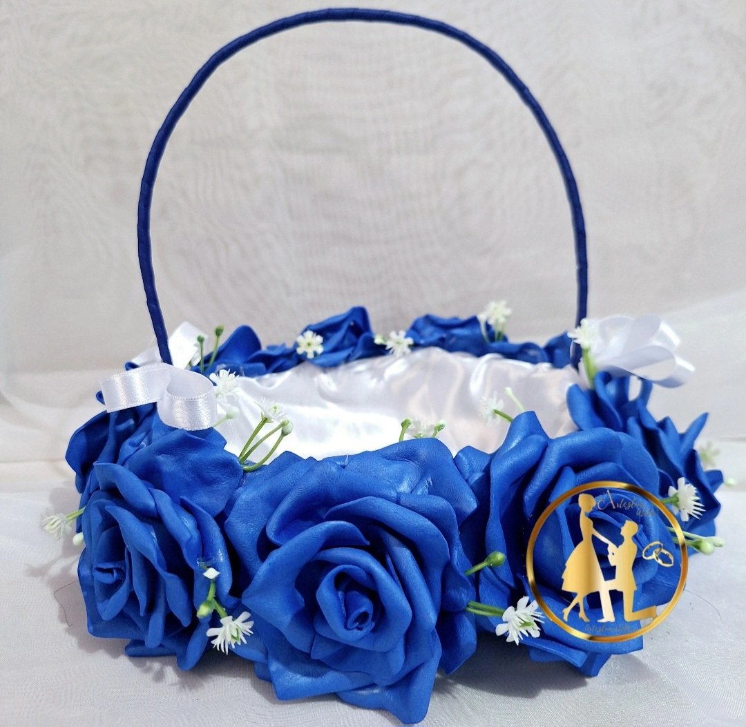 Cesta de Florista Azul Royal e Branco - Artesanal