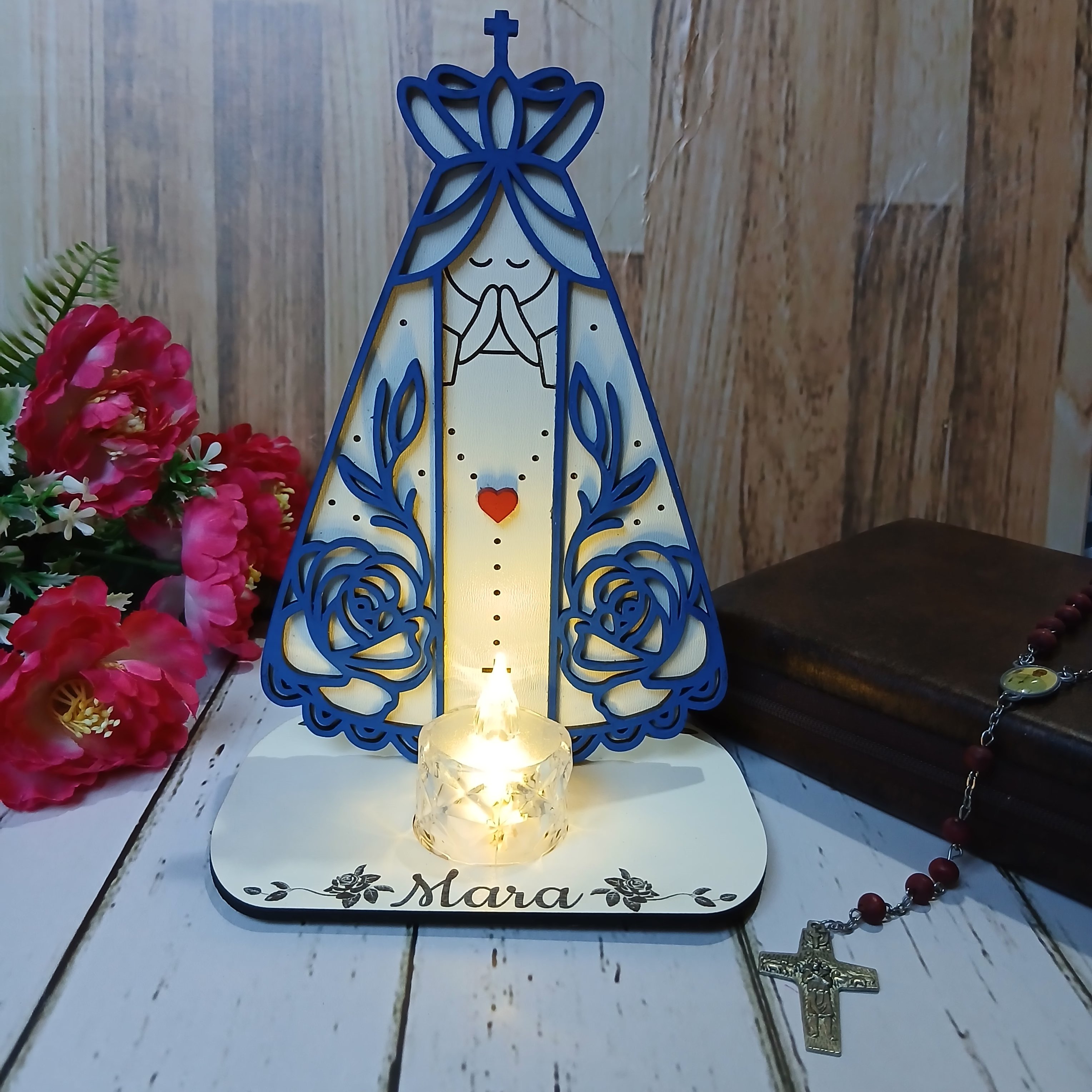 Estatueta Nossa Senhora Aparecida em MDF com Porta-Vela Personali