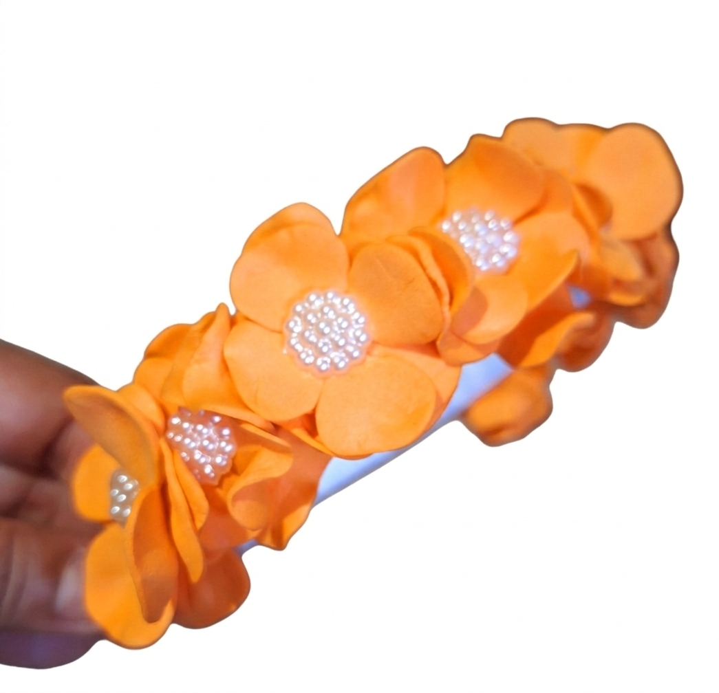 Tiara de Cabelo Infantil Laranja com Pérolas