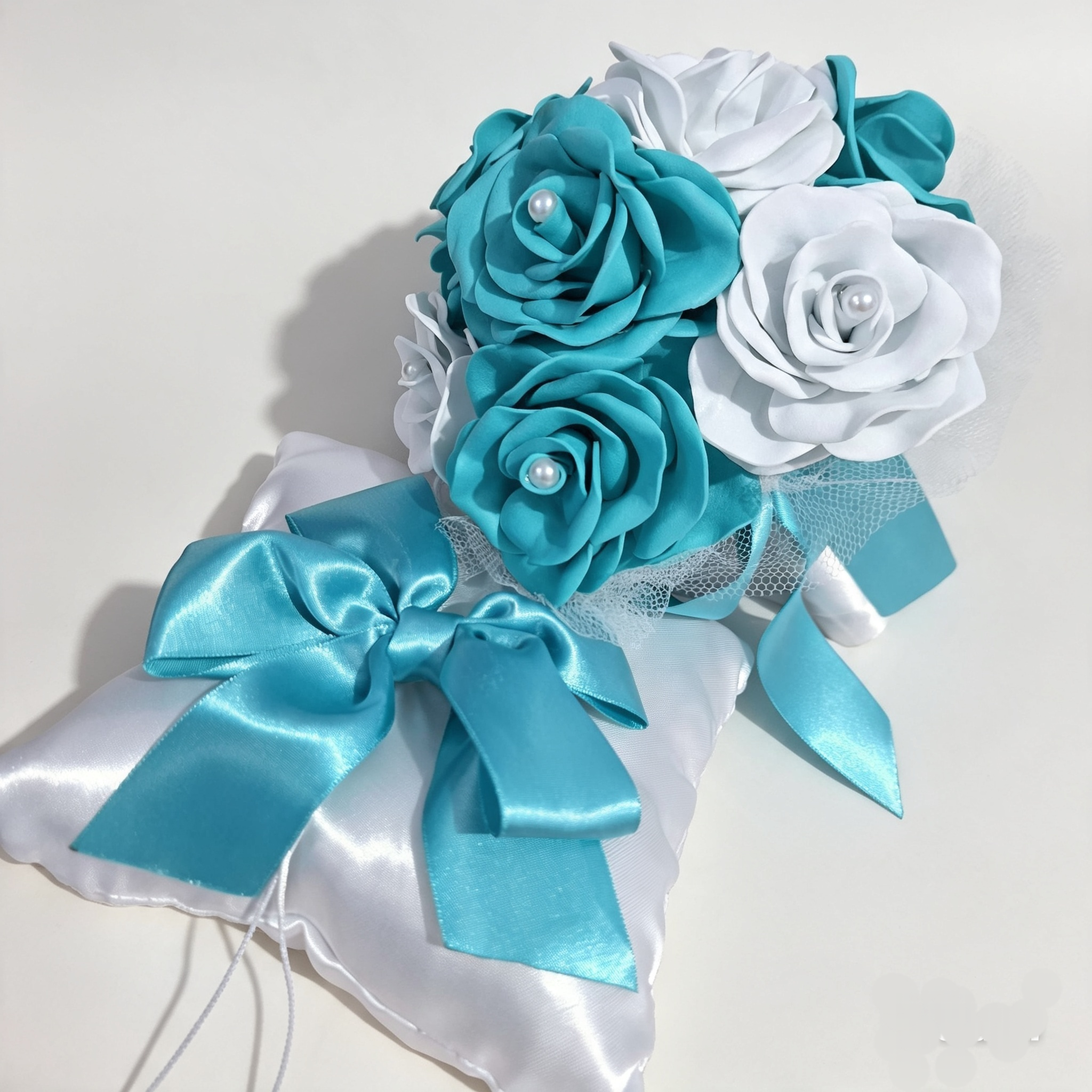 Buquê de Noiva Azul Turquesa + Porta Alianças Casamento Cívil
