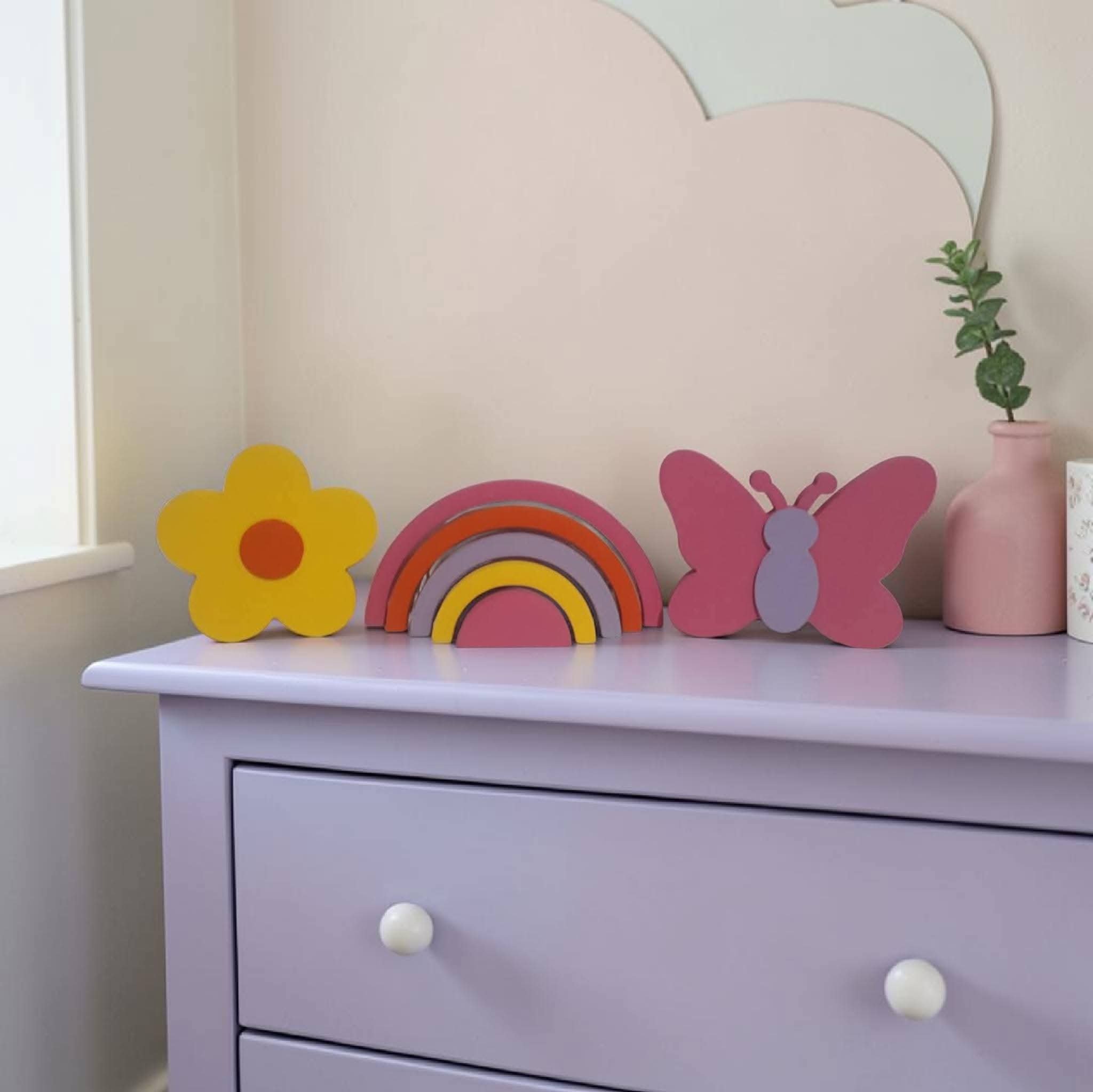 Kit decoração em mdf Arco íris, flor e borboleta, enfeite de mdf