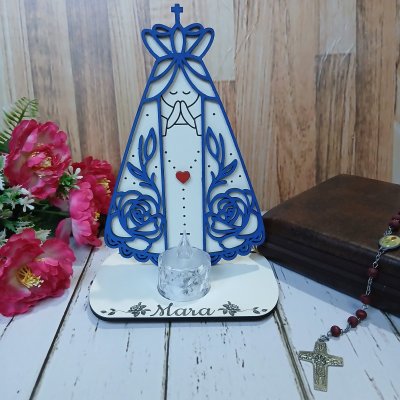 Estatueta Nossa Senhora Aparecida em MDF com Porta-Vela Personalizada – Pronta Entrega