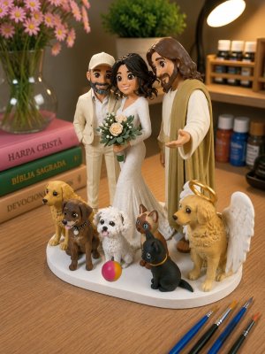 Topo de Bolo Casamento Noivinhos com Jesus e Pets Personalizados