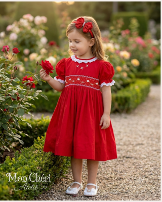 Vestido Infantil  Luxo Vermelho em Tricoline | Smock Bordado à Mã