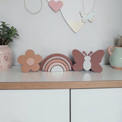 Kit decoração em mdf Arco íris, flor e borboleta tons terrosos, e
