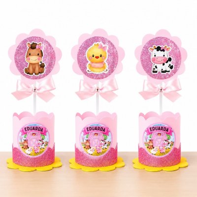 10 Centros de Mesa Fazendinha Menina Personalizado com Nome e Idade em EVA