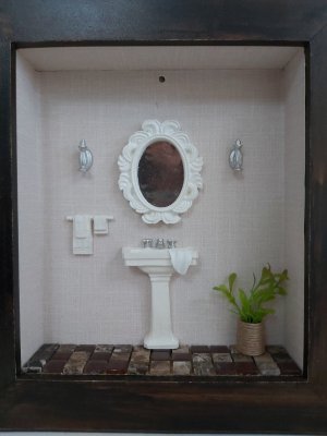 Quadro Cenário Miniatura Banheiro Lavabo Diorama Branco