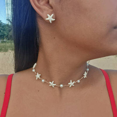 Kit Colar + Brinco de estrelas e pérolas feminino moda praia verão