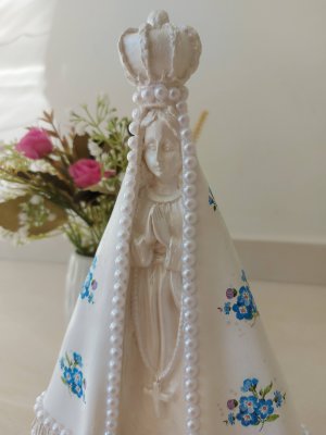 Nossa Senhora Aparecida 25cm decoupage flor azul