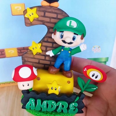 Vela personalizada Super Mario Bros  Luigi  em biscuit