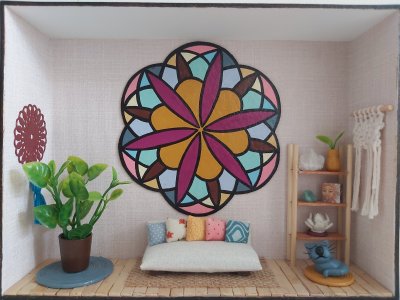 Quadro Cenário Miniatura Sala Zen com Mandala Diorama