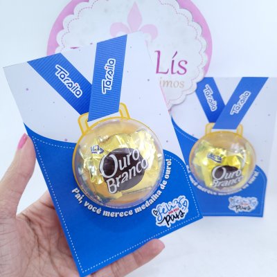 Presente Card Dia dos Pais Medalha com Bombom Ouro Branco Personalizado para Lembrancinha