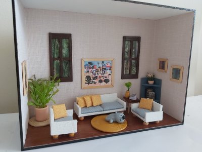 Quadro Cenário Miniatura Sala Móveis Diorama