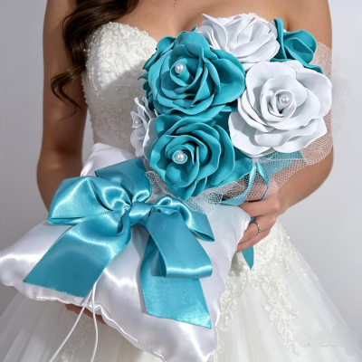Buquê de Noiva Azul Turquesa + Porta Alianças Casamento Cívil