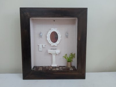 Quadro Cenário Miniatura Banheiro Lavabo Diorama Branco
