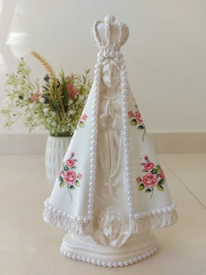 Nossa Senhora Aparecida 25cm decoupage flor rosa