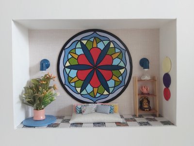 Quadro Cenário Miniatura Móveis Sala Mandala Zen Diorama