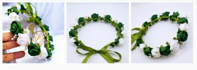 Tiara Coroa Verde Oliva e Branco Eva - Artesanal
