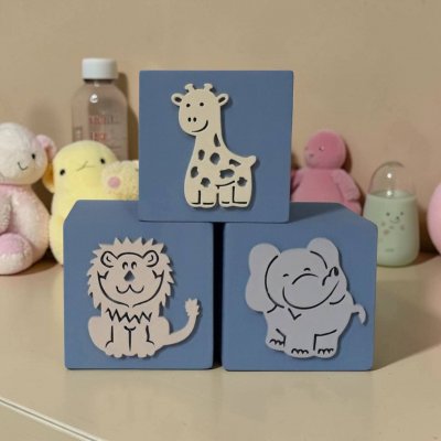 Kit decorativo 3 cubos 6x6 de mdf tema safari decoração de festa e quarto infantil enfeite de bebê mdf