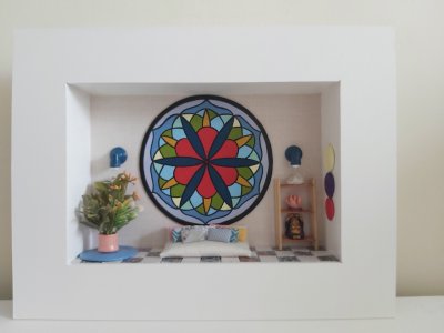 Quadro Cenário Miniatura Móveis Sala Mandala Zen Diorama