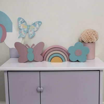 Kit decoração em mdf Arco íris, flor e borboleta, enfeite de mdf adorno de quarto infantil decoração de festa