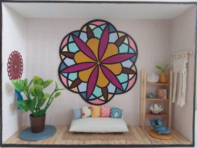 Quadro Cenário Miniatura Sala Zen com Mandala Diorama