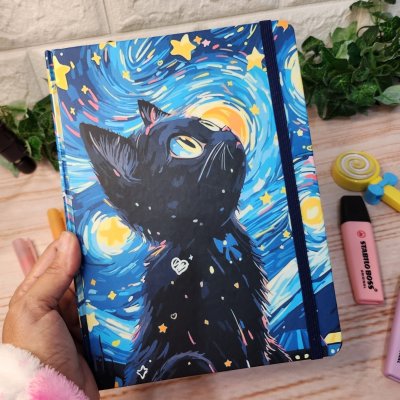 Caderno Sketchbook Gato Noite Estrelada A5 l journal l Desenho l Anotações l Brochura l Sketchbook