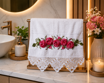 TOALHA DE ROSTO COM APLICAÇÕES DE ROSA CROCHE BORDADA
