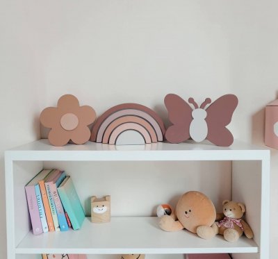 Kit decoração em mdf Arco íris, flor e borboleta tons terrosos, e
