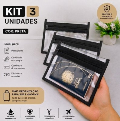 Kit 3 nécessaires plásticas 2 bolsinhos PRETAS/Porta passaporte.