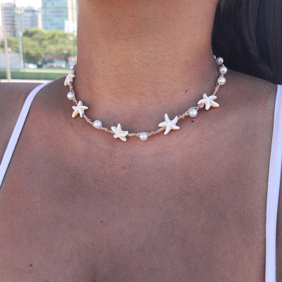 Colar de Estrelas Pérolas Regulável Feminino Moda Praia Verão