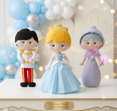 Kit Cinderela em Feltro – Trio de Personagens (Cinderela, Príncipe Encantado e Fada Madrinha) para Decoração de Festa