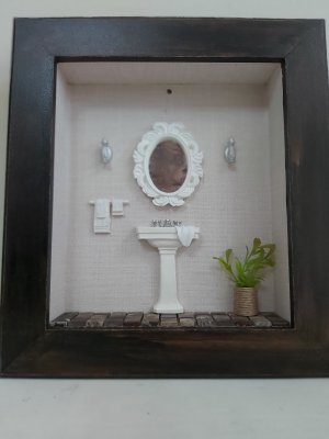 Quadro Cenário Miniatura Banheiro Lavabo Diorama Branco