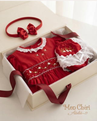 Vestido Infantil  Luxo Vermelho em Tricoline | Smock Bordado à Mã