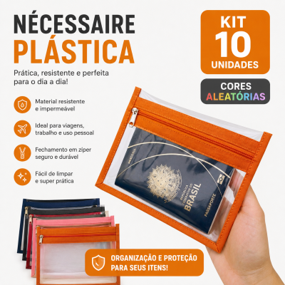 Kit 10 nécessaires plásticas 2 bolsinhos CORES ALEATÓRIAS/Porta passaporte.