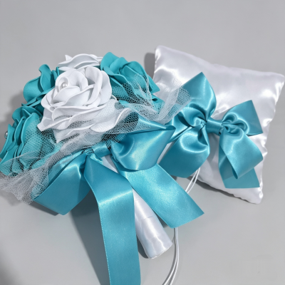 Buquê de Noiva Azul Turquesa + Porta Alianças Casamento Cívil