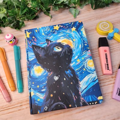 Caderno Sketchbook Gato Noite Estrelada A5 l journal l Desenho l