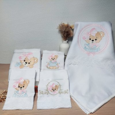 Enxoval de Bebê ursinha Kit Maternidade Luxo Personalizado Bordado 5 Pçs