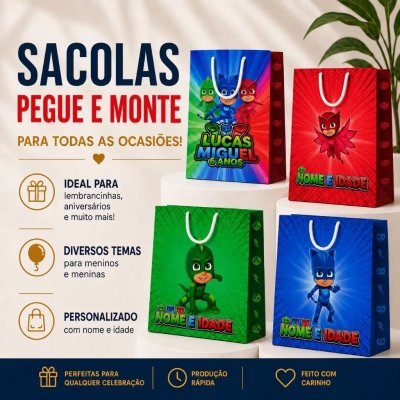 Sacolinhas PEGUE E MONTE PJ Masks - Modelo Vertical | Lembrancinha Infantil