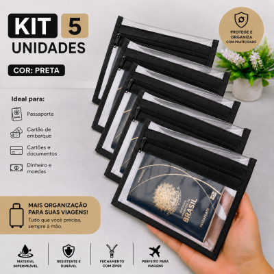 Kit 5 Nécessaires plásticas 2 bolsinhos/Porta passaporte cor preta.
