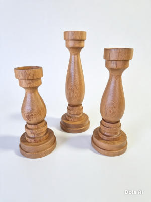 Conjunto com 3 castiçais torneado em madeira